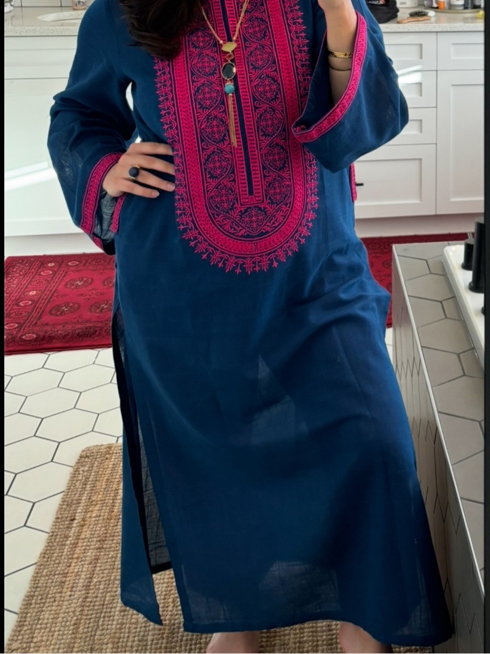 Amirah Blue Long Sleeve Embroidered Kurta Dress with Pink Accents